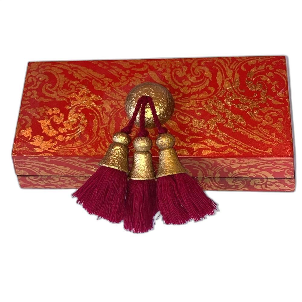Handcrafted Wood Jewelry Box Red with Gold Leaf Floral Motif 9.5 x 4 x 2 inches